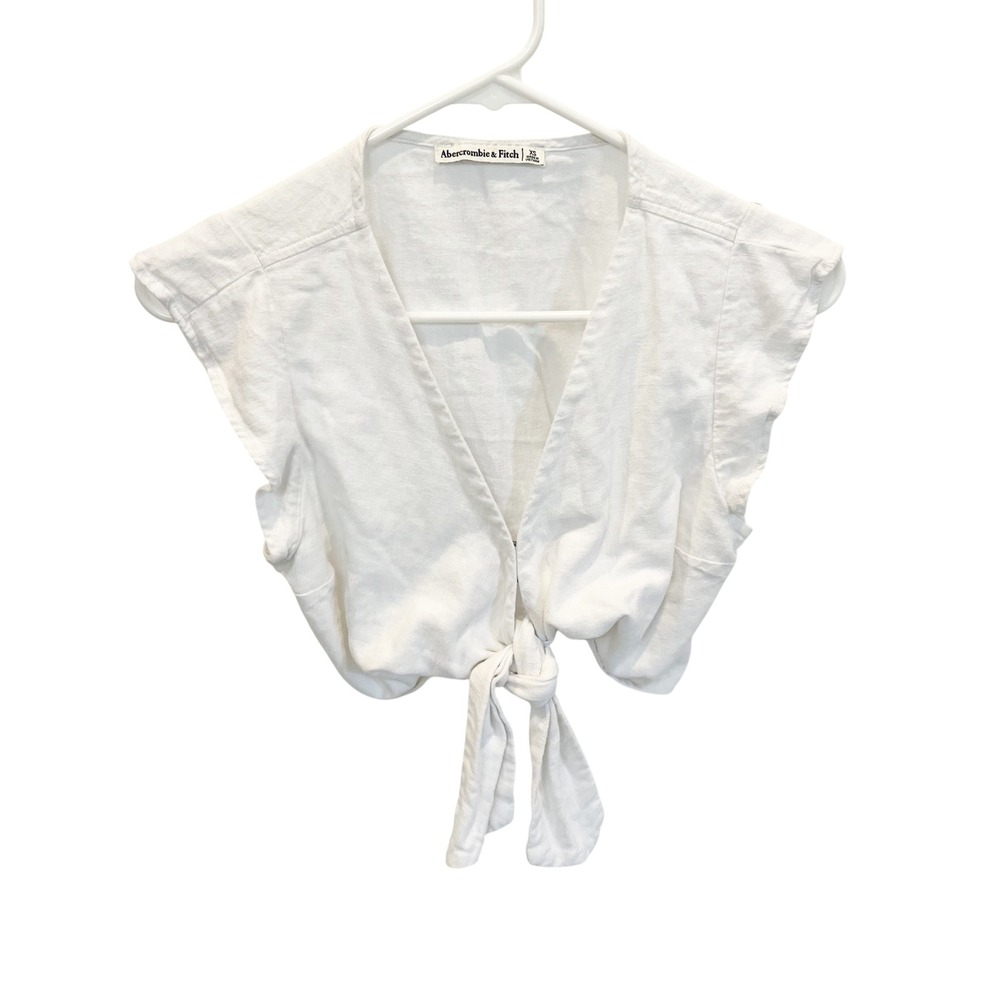 Abercrombie & Fitch White Linen Blend Tie Front Crop Top Womens XS Cap Sleeve